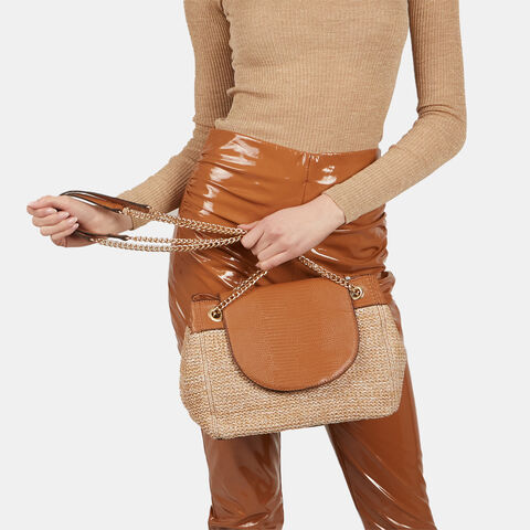 Bolso de hombro para mujer con efecto rafia, Piel Bolso de hombro para mujer con efecto rafia, Piel